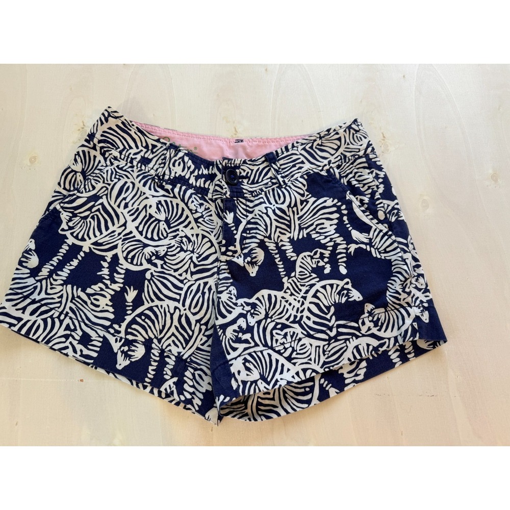 Lilly Pulitzer Callahan Shorts Size 0 Blue White Zebra Animal Print 5" Inseam